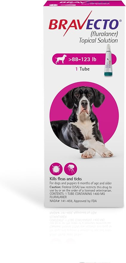 BRAVECTO Topical Solution for Dogs, Flea & Tick, 12 Week Supply, >88-123 lbs., Pink Box-PawvioPets
