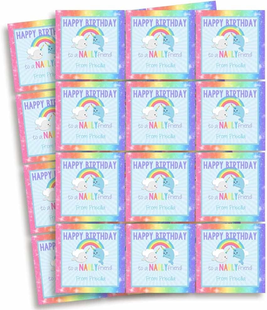 Custom & Personalized Narwhal Unicorn of The Sea Happy Birthday Gift Tag Sticker Labels, 24 2.5" Square Stickers by Amanda Creation