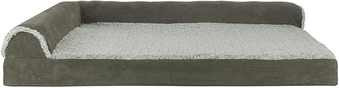 Furhaven Cooling Gel Dog Bed for Large Dogs w/ Removable Bolsters & Washable Cover, For Dogs Up to 95 lbs - Two-Tone Plush Faux Fur & Suede L Shaped Chaise - Dark Sage, Jumbo/XL-PawvioPets