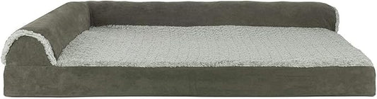 Furhaven Cooling Gel Dog Bed for Large Dogs w/ Removable Bolsters & Washable Cover, For Dogs Up to 95 lbs - Two-Tone Plush Faux Fur & Suede L Shaped Chaise - Dark Sage, Jumbo/XL-PawvioPets