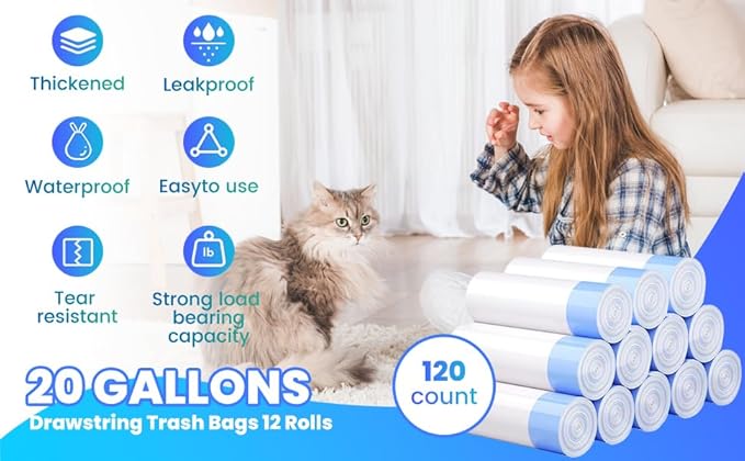 120 Pack Jumbo Cat Litter Bags-3MIL Extra Thick Leakproof Litter Box Liners, 37"x18" Heavy Duty Drawstring Cat Litter Liners for Automatic Litter Box, Odor Control Disposable Kitty Litter Bags 12 Roll-PawvioPets