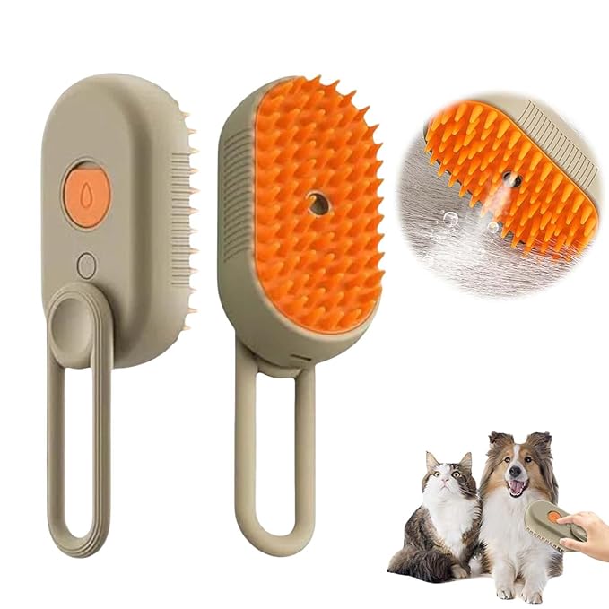 3-In-1 Rechargeable Steamy Cat Brush, Deep Cleaning & Hair Removal System with Rotating Handle, 360° Massage for Cats & Dogs (Cream)-PawvioPets