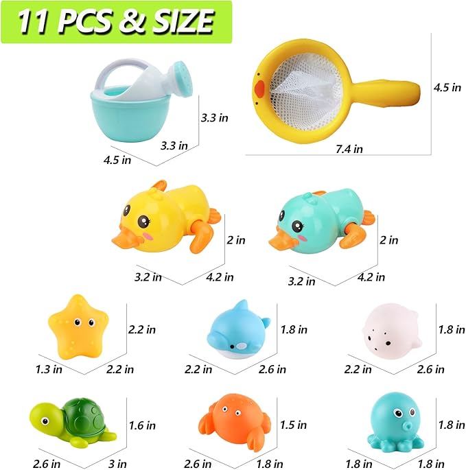 Bath Toys for Babies 6-12+ Months, Wind-up Ducks Bath Toys for Kids Ages 1-3, No Hole Baby Bath Toy Ocean Animal Floating Pool Toys for Toddlers, Water Toys Fishing Net Watering Can-PawvioPets
