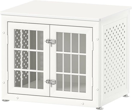26" Heavy Duty Dog Crate Furniture for Small Dogs, Metal Kennel for High Anxiety Dogs, Chew Proof Pet Cage Indoor, Decorative Kennel End Table, White-PawvioPets