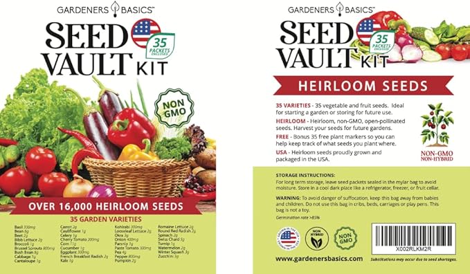 Gardeners Basics Survival Vegetable Seeds Garden Kit Over 16,000 Seeds Non-GMO and Heirloom, Great for Emergency Bugout Survival Gear 35 Varieties Seeds for Planting Vegetables 35 Free Plant Markers-PawvioPets