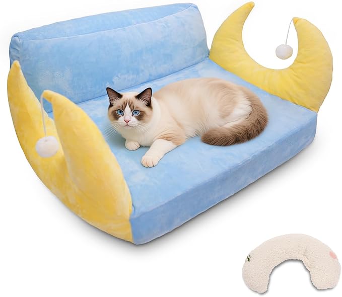 Cat Couch with Soft Pillow, Supportive Dog Couch, Cat Sofa with Removable Cover，Cute Moon Shaped, 24 Inch-PawvioPets