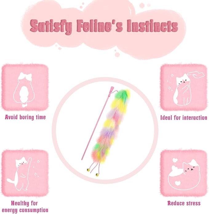 2 Pack Cat Wand Toy, Rainbow Cat Feather Toys with Bells, Teaser Wand with Soft Furry Tail, Interactive Toys for Indoor Cats & Kitten & Kitty-PawvioPets