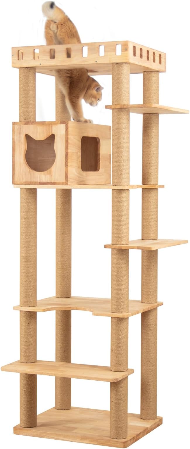 74" Wooden Cat Tree Tower for Large Cats, Multi-Level Cat Climbing Furniture with Scratching Posts, Cat Condo & Hammock, Natural Wood Cat Activity Center(Brown)-PawvioPets