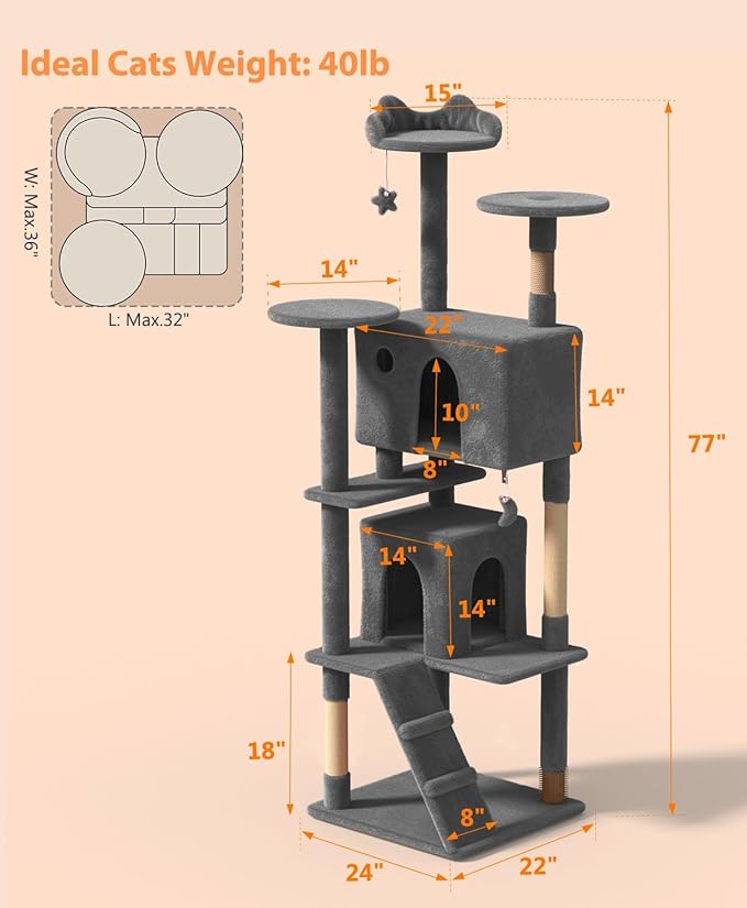 77'' Cat Tree Tower for Indoor Cats Large Adult, Cute/Tall Modern Cat Tree for Big Cats 20 lbs, Plush Multi-Level Cat Condo with Scratching Posts, Dangling Ball (Smoky Gray, 77 inch)-PawvioPets