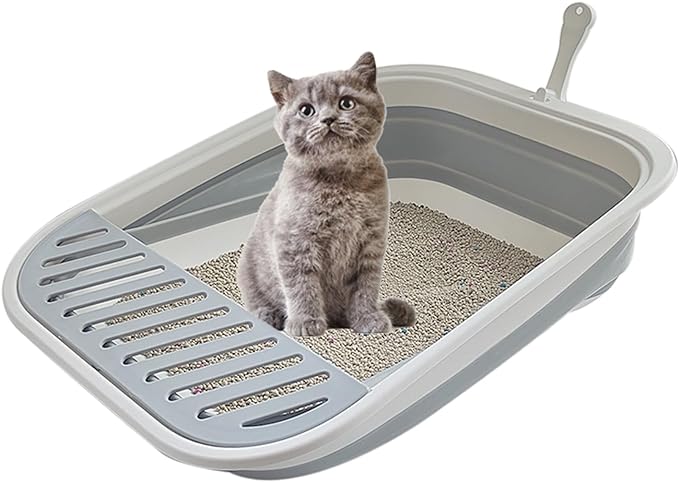 Collapsible Kitten Litter Box, 17.7 x 13.4 x 5 inch Open Cat Potty Pan with Scoop Foldable Shallow Cat Toilet Anti-Splashing Low Entrance Travel Litter Box with Falling Sand Pedal Grey-PawvioPets