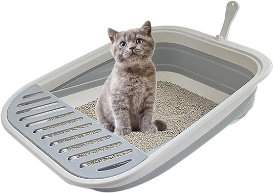 Collapsible Kitten Litter Box, 17.7 x 13.4 x 5 inch Open Cat Potty Pan with Scoop Foldable Shallow Cat Toilet Anti-Splashing Low Entrance Travel Litter Box with Falling Sand Pedal Grey-PawvioPets