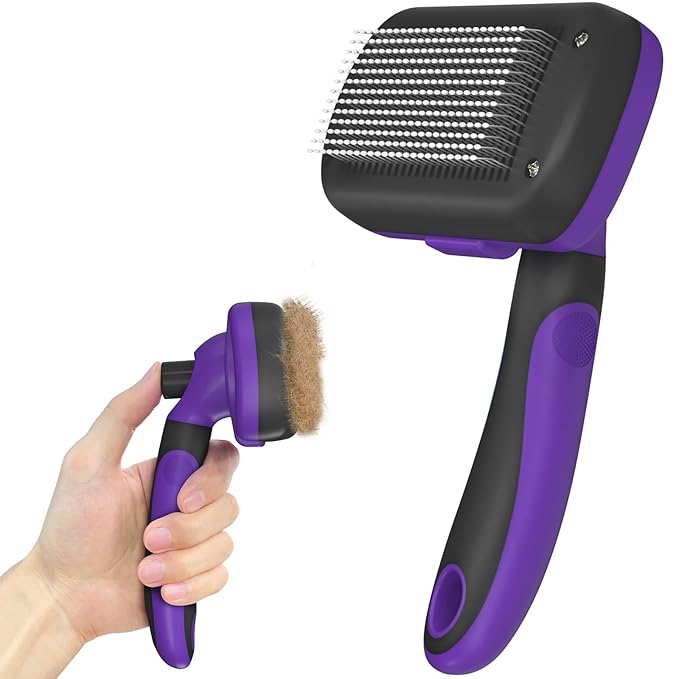 Self Cleaning Cat & Dog Grooming Brush - Skin Friendly Deshedding Hair Brush for Haired Dogs & Puppies, Purple-PawvioPets