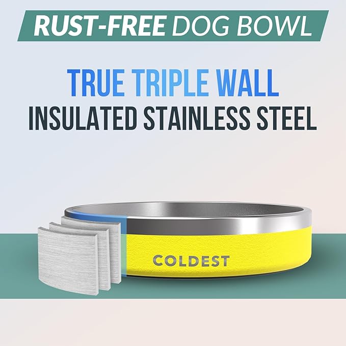 Coldest Dog Bowl - Anti Rust Metal, Non Slip, 3 Layers Insulated Stainless Steel Dog Bowls - Spill Proof & Heavy Duty - Water Bowl for Dogs, Cats & Pets, Dish Washer Safe (21 oz, Solar Yellow)-PawvioPets