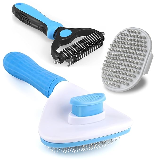 3PCS Dog Grooming Brush - Dog Brush for Shedding Massaging Bathing - Double Sided Shedding, Dematting Undercoat Rake - Self Cleaning Slicker Comb for Dogs and Cats with Long or Short Coats-PawvioPets