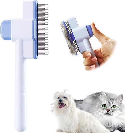 Cat Comb Pet Comb Self Cleaning Upgraded Cat Brush for Long Haired Cats & Dogs, Blue-PawvioPets