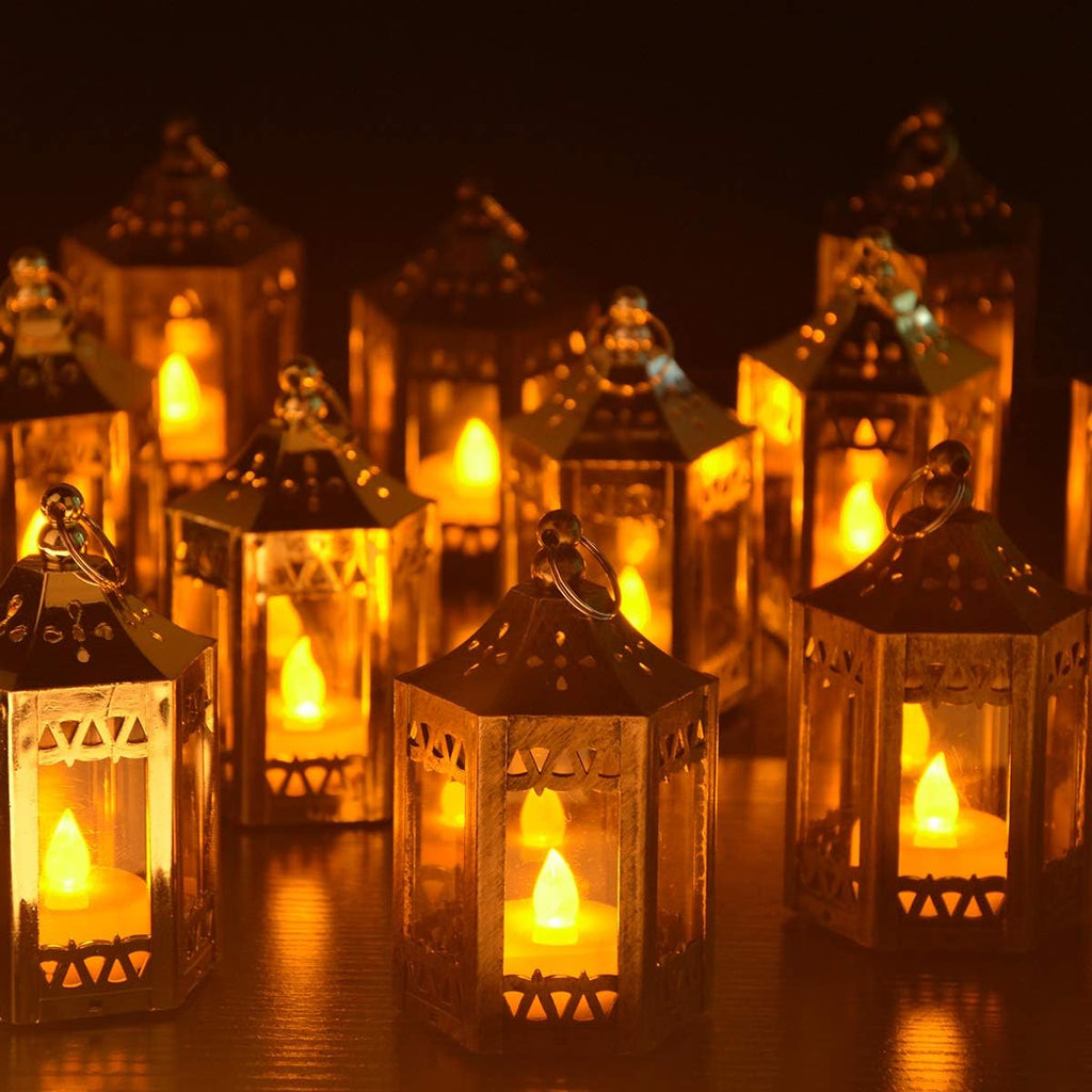zkee Mini Star Lantern with Flickering LED,Battery Included,Christmas Decorative Indoor Candle Lantern（Set of 8,Black）