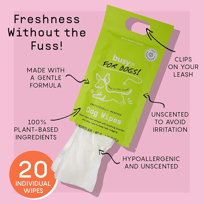 Busy Co. - Hypoallergenic Dog Wipes, Cleaning and Odor Control Grooming Wipes for Paws, Body, and Butt, Perfect for Puppy and Adult Dogs, Individually Wrapped, Unscented (Unscented, 20 Grooming Wipes)-PawvioPets