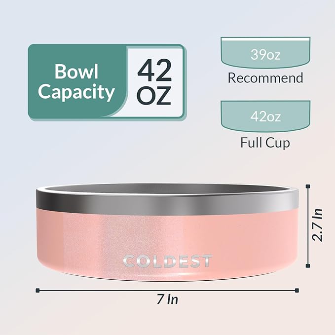 Coldest Dog Bowl - Anti Rust Metal, Non Slip, 3 Layers Insulated Stainless Steel Dog Bowls - Spill Proof & Heavy Duty - Water Bowl for Dogs, Cats & Pets, Dish Washer Safe (42 oz, Forever Pink Glitter)-PawvioPets