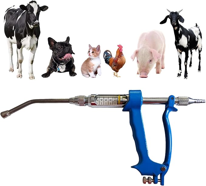 10ML Veterinary Metal Feeding Gun, Continuous Drench Gun Dosing Device Veterinary Adjustable Medicine Dispenser Husbandry Autonomous Feeding Tool, for Pig Cow, Sheep, Horse (Blue, 10ML No Bottle)-PawvioPets