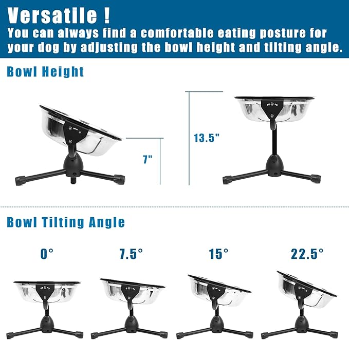 Elevated Dog Bowl with Adjustable Metal Stand, Medium Size for Dogs 30-70 lbs, 0.5 Gal 2 Liter, Stainless Steel Food & Water Bowl Set-PawvioPets