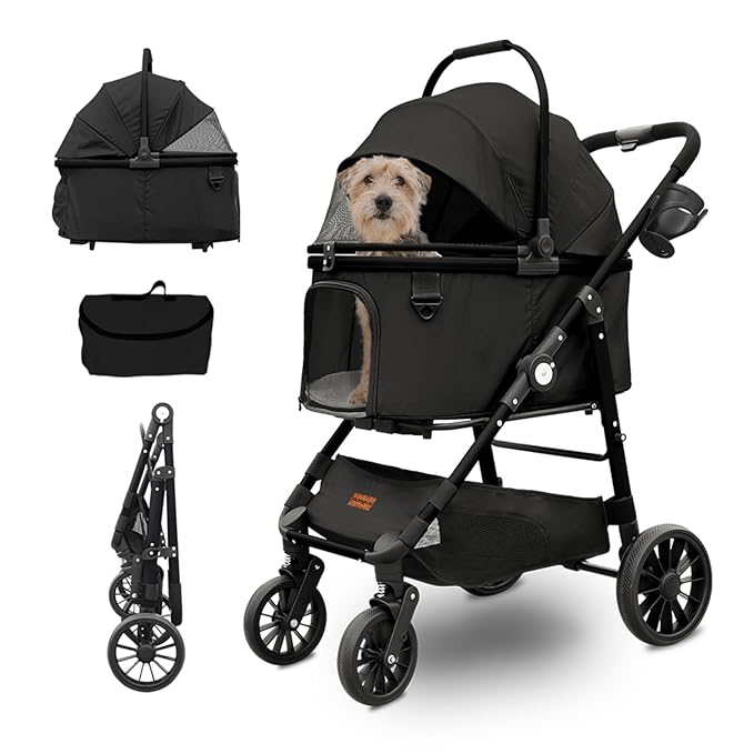 Dog Cat Stroller, Foldable 4 Wheels Dog Stroller for Small Medium Dogs 20 lbs,Pet Strollers for Large Dogs 50lbs, Stable Anti-Shock Detachble Carrier,with 360°Swiveling Front Wheel forTravel-PawvioPets