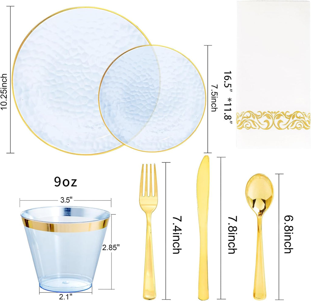 Rubtlamp 175 Pcs Plastic Dinnerware Set (25 Guests), Blue Disposable Plates With Gold Rim, Hammered Party Plates Set Include Dinner Platos, Dessert Platos, Cups, Cutlery And Napkins for Party