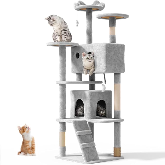 70'' Cat tree Tower for Indoor Cats Large Adult,Cute/Tall Modern Cat Tree for Big Cats 20 lbs,Plush Multi-Level Cat Condo with Scratching Posts,Dangling Ball for fun play(Light Gray, 70 inch)-PawvioPets