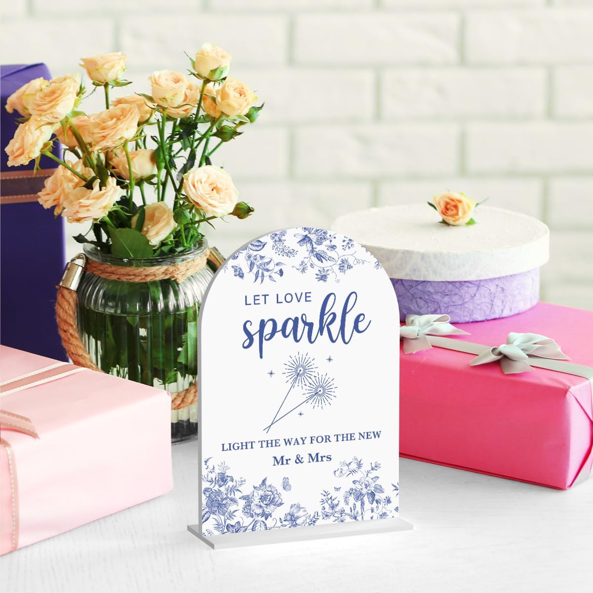 Acrylic Wedding Signs, Dusty Blue Wedding Decor, Blue Weddings Decor, Let Love Sparkle Signs for Reception, Modern Calligraphy Arch Acrylic Table Top Sign for Weddings Parties Dinners (White)