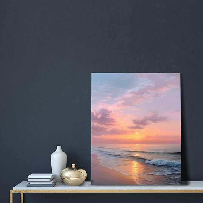 Beach Sunset Wall Art Ocean Coastal Scenery Wall Decor Seascape Picture Canvas Landscape Painting Print Framed Artwork Decorations for Living Room Office Bedroom Kitchen 16"x20"-PawvioPets