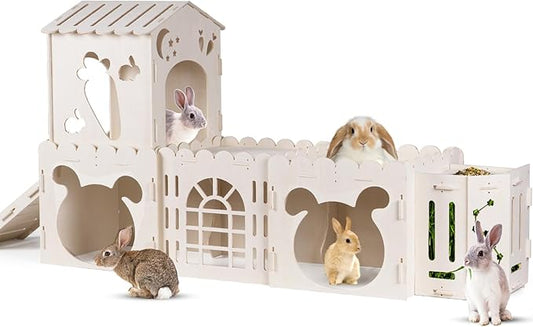 Extra Large Rabbit House, Wooden Bunny House Hideout with 4 Houses and Hay Feeder Indoor, Rabbit Guinea Pig Hideout Multistory Climbing Tower Sturdy Wooden Castle, Small Animal Hideaway Tunnel-PawvioPets