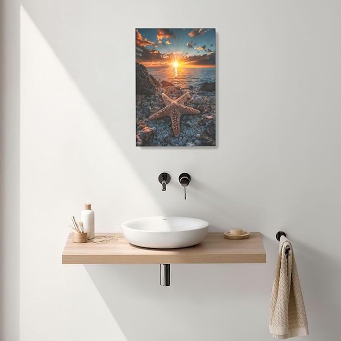 Beach Starfish Wall Decor Ocean Starfish Wall Art Sunset Scenery Coastal Theme Pictures Canvas Nature Seascape Painting Print Framed Artwork Decorations for Home Bathroom Living Room Bedroom Office 16"x24"-PawvioPets
