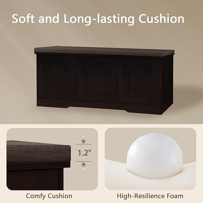 DINZI LVJ Shoe Bench, Entryway Storage Bench with Doors, Cushion, 2-Tier Shoe Rack with 6-Cubby, 39.4”L x 13.8”W Shoe Organizer Cabinet, Adjustable Shelf, Living Room, Bedroom, Espresso-PawvioPets