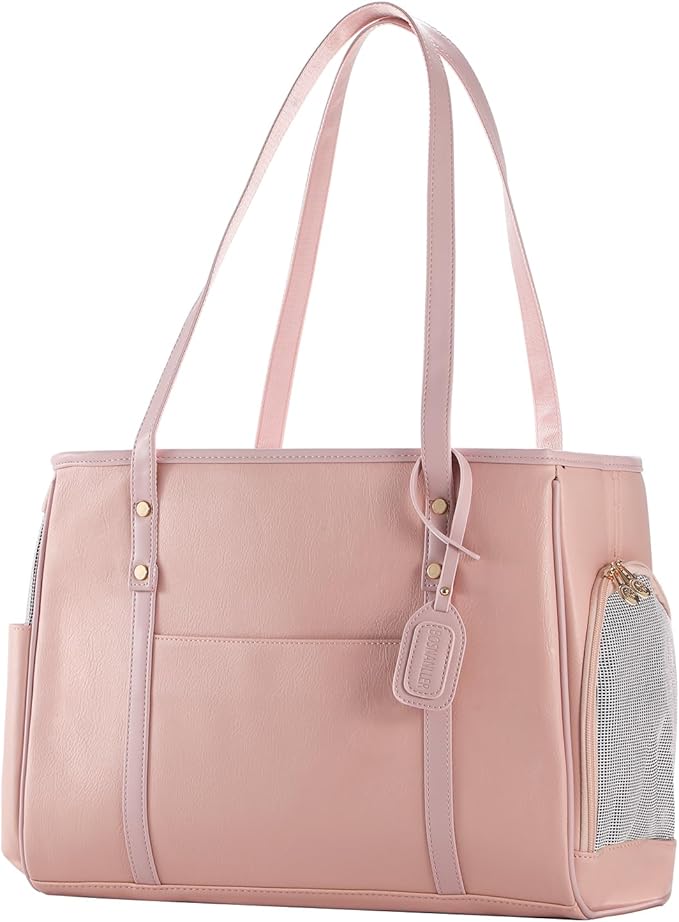 Fashion Dog Carrier Purse, Premium Leather Cat Carrier Bag, Airline Approved Soft Sided Pet Travel Tote Bag with Pockets Pink-PawvioPets