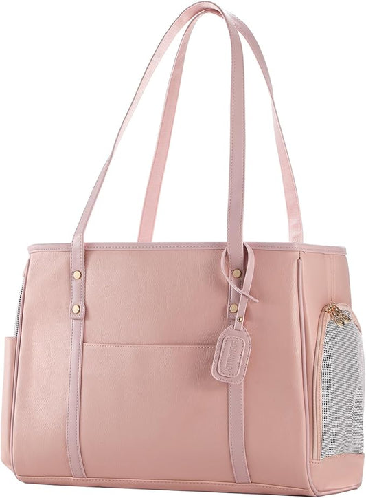 Fashion Dog Carrier Purse, Premium Leather Cat Carrier Bag, Airline Approved Soft Sided Pet Travel Tote Bag with Pockets Pink-PawvioPets