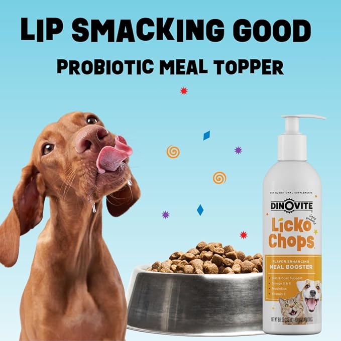 Dinovite Lickochops for Dog & Cat Supplement Enhanced with Omega-6, 3 Fatty Acids, Probiotics and Vitamin E, 16 oz with Pump-PawvioPets