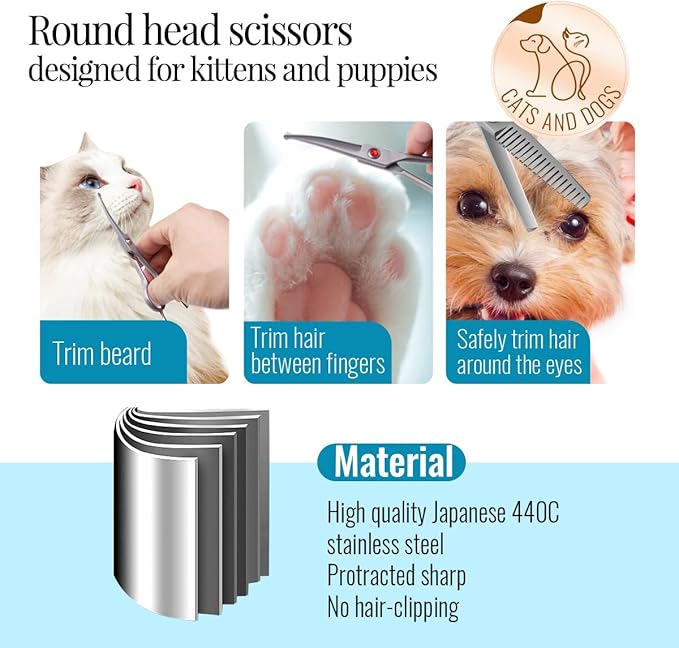 4.5" Dog Grooming Scissors - 2pcs Curved Scissors & Thinning Shears for Small Dog, Cat Face & Paws - Japan 440C (2Kit)-PawvioPets