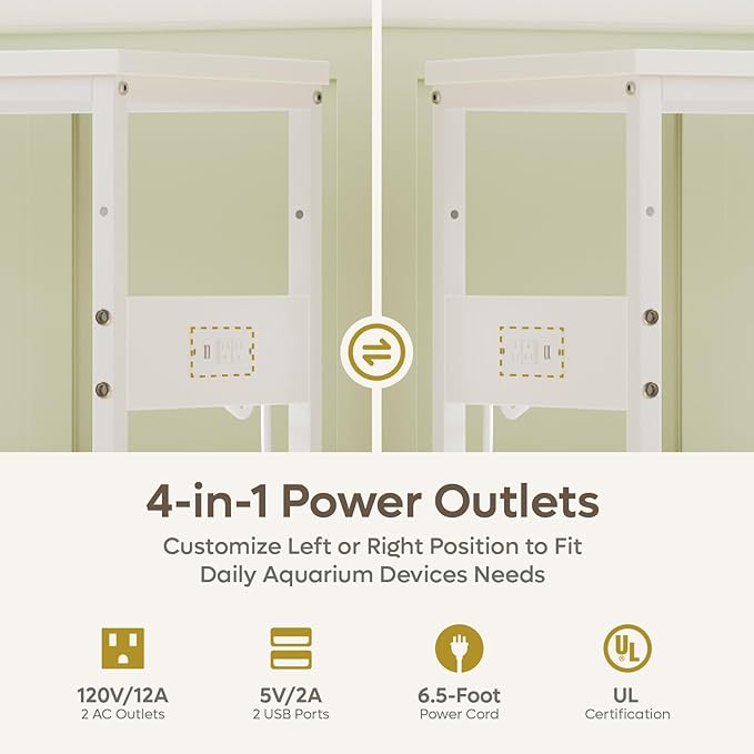 Bestier 20-29 Gallon Fish Tank Stand with Power Outlets, Metal Long Aquarium Stand with Storage Cabinet, 31x15 Reptile Terrarium Stand with Horizontal Gold Line, Stainless Hooks, 350 Lbs(White)-PawvioPets
