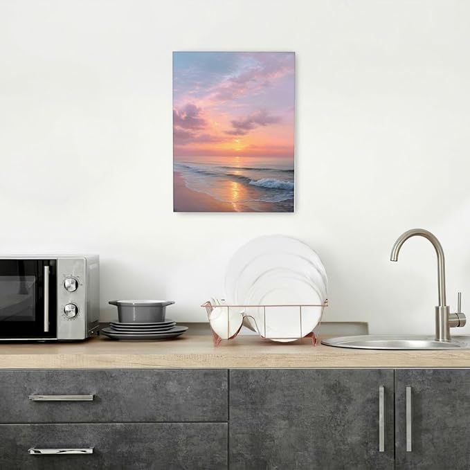 Beach Sunset Wall Art Ocean Coastal Scenery Wall Decor Seascape Picture Canvas Landscape Painting Print Framed Artwork Decorations for Living Room Office Bedroom Kitchen 12"x16"-PawvioPets