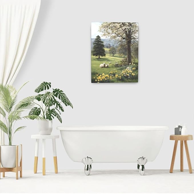 Country Sheep Canvas Wall Decor Farmhouse Rustic Lamb Wildflower Wall Art Nature Countryside Landscape Pictures Painting Print Framed Artwork Decorations for Bathroom Living Room Bedroom 16"x20"-PawvioPets