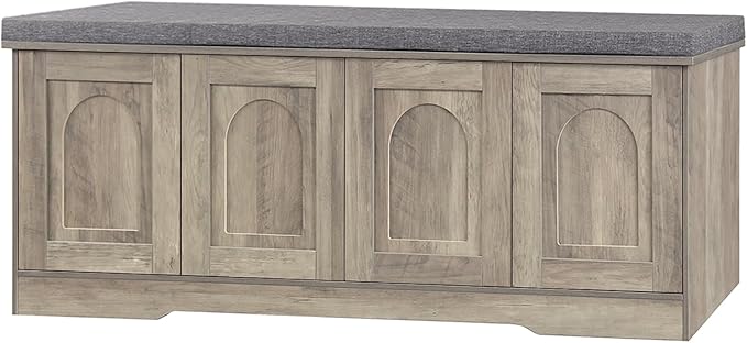 DINZI LVJ Shoe Bench, Entryway Storage Bench with Doors, Cushion, 2-Tier Shoe Rack with 8-Cubby, 47.2”L x 13.8”W Shoe Organizer Cabinet, Adjustable Shelf, Living Room, Bedroom, Gray Wash-PawvioPets