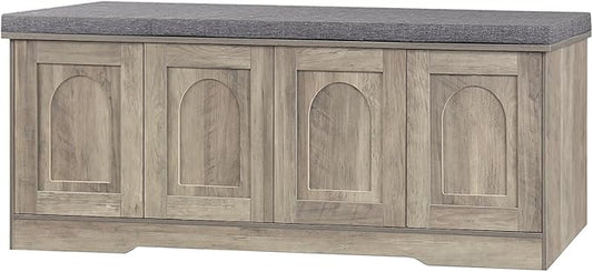 DINZI LVJ Shoe Bench, Entryway Storage Bench with Doors, Cushion, 2-Tier Shoe Rack with 8-Cubby, 47.2”L x 13.8”W Shoe Organizer Cabinet, Adjustable Shelf, Living Room, Bedroom, Gray Wash-PawvioPets