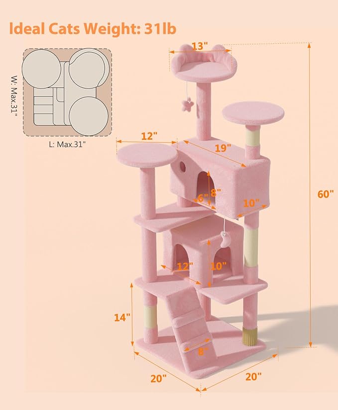 60'' Cat Tree Tower for Indoor Cats Large Adult,Cute/Tall Modern Cat Tree for Big Cats 20 lbs, Plush Multi-Level Cat Condo with Scratching Posts,Dangling for Fun Play (Soft Pink, 60 inch)-PawvioPets