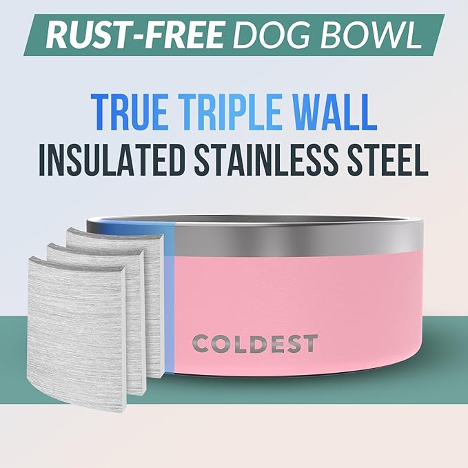 Coldest Dog Bowl - Anti Rust Metal, Non Slip, 3 Layers Insulated Stainless Steel Dog Bowls - Spill Proof & Heavy Duty - Water Bowl for Dogs, Cats & Pets, Dish Washer Safe (100 oz, Cotton Candy Pink)-PawvioPets