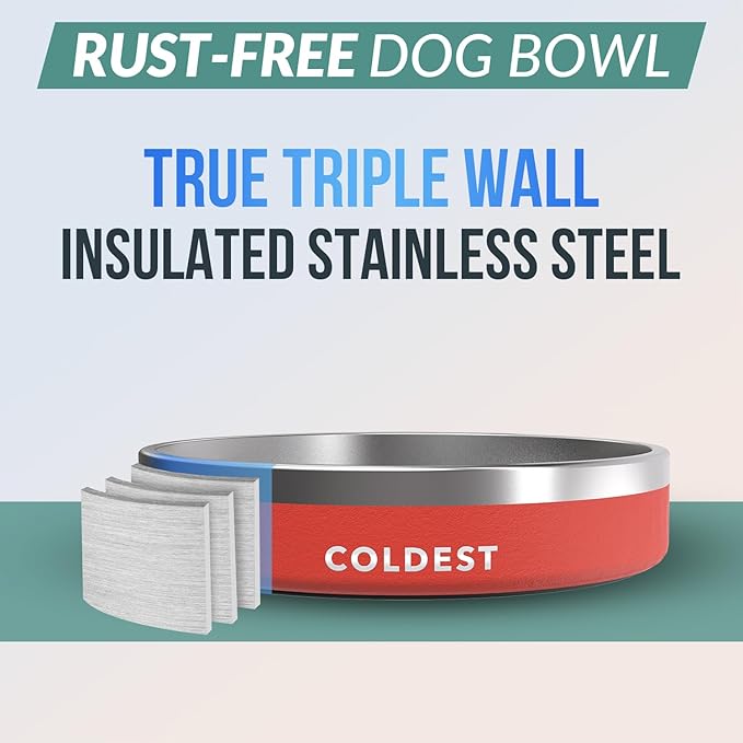 Coldest Dog Bowl - Anti Rust Metal, Non Slip, 3 Layers Insulated Stainless Steel Dog Bowls - Spill Proof & Heavy Duty - Water Bowl for Dogs, Cats & Pets, Dish Washer Safe (21 oz, Red)-PawvioPets
