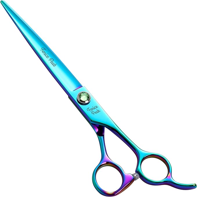 Fenice Peak 7.5'' Green Straight Dog Grooming Scissors Pet Shears with Ergonomic Offest Handle and Simulated Emerald Screw 440C Grooming Scissors Trimming Shears Durable and Sharp-PawvioPets