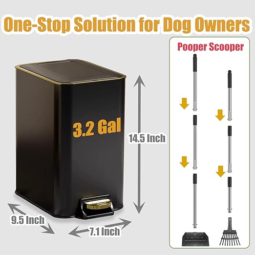 Dog Poop Trash Can Outside Stainless Steel - Metal Pooper Scooper Set - 12L Dog Waste Trash Can Outdoor with Pedal - Backyard, Yard - Removable Inner Bin, Long Handle Tray and Rake - Black and Gold-PawvioPets