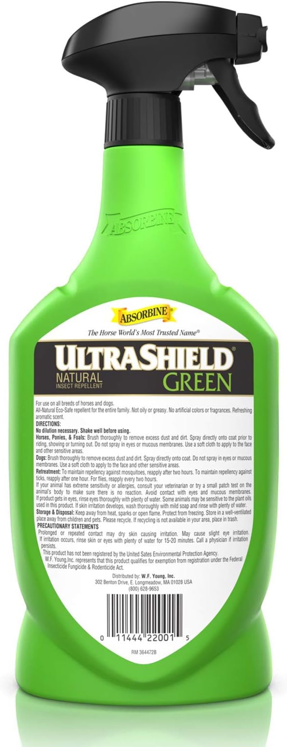Absorbine UltraShield Green All-Natural Fly & Insect Repellent for Horses & Dogs, Essential Oils Repel & Control, 32oz Spray Bottle-PawvioPets