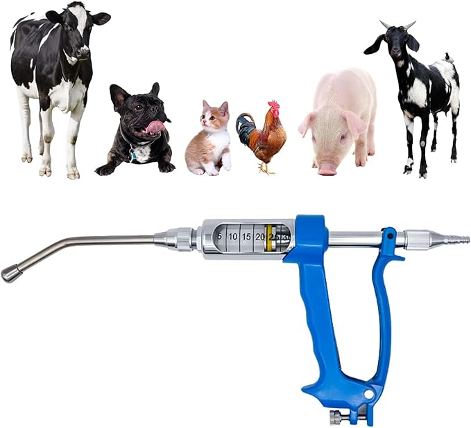 30ML Veterinary Metal Feeding Gun, Continuous Drench Gun Dosing Device Veterinary Adjustable Medicine Dispenser Husbandry Autonomous Feeding Tool, for Pig Cow, Sheep, Horse (Blue, 30ML No Bottle)-PawvioPets