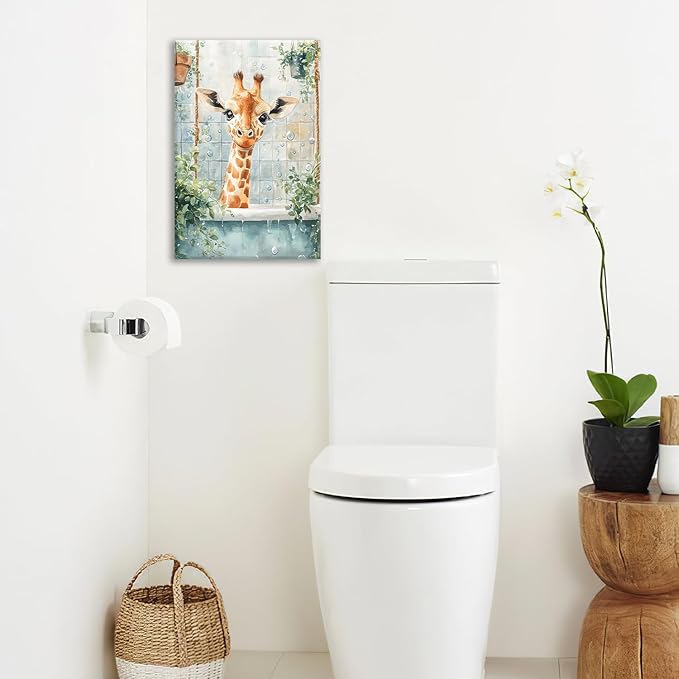 Bathroom Funny Giraffe Pictures Wall Art, Watercolor Giraffe Bathroom Wall Decor, Animal Framed Painting Canvas Artwork for Living Room Decorations 24"L x 16"W-PawvioPets