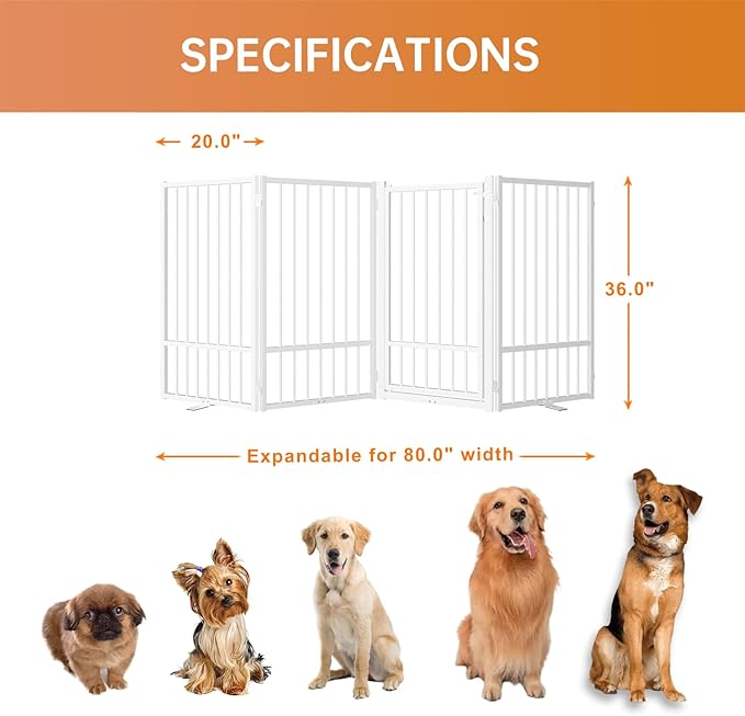 Full Metal Freestanding Dog Gate with Door, 36''Height Foldable Pet Dog Fence for Indoor & Outdoor, 4 Panels Extra Wide Free Standing TallDog Gates for Doorways,House,Stairs,Porch,Deck,Yard-PawvioPets